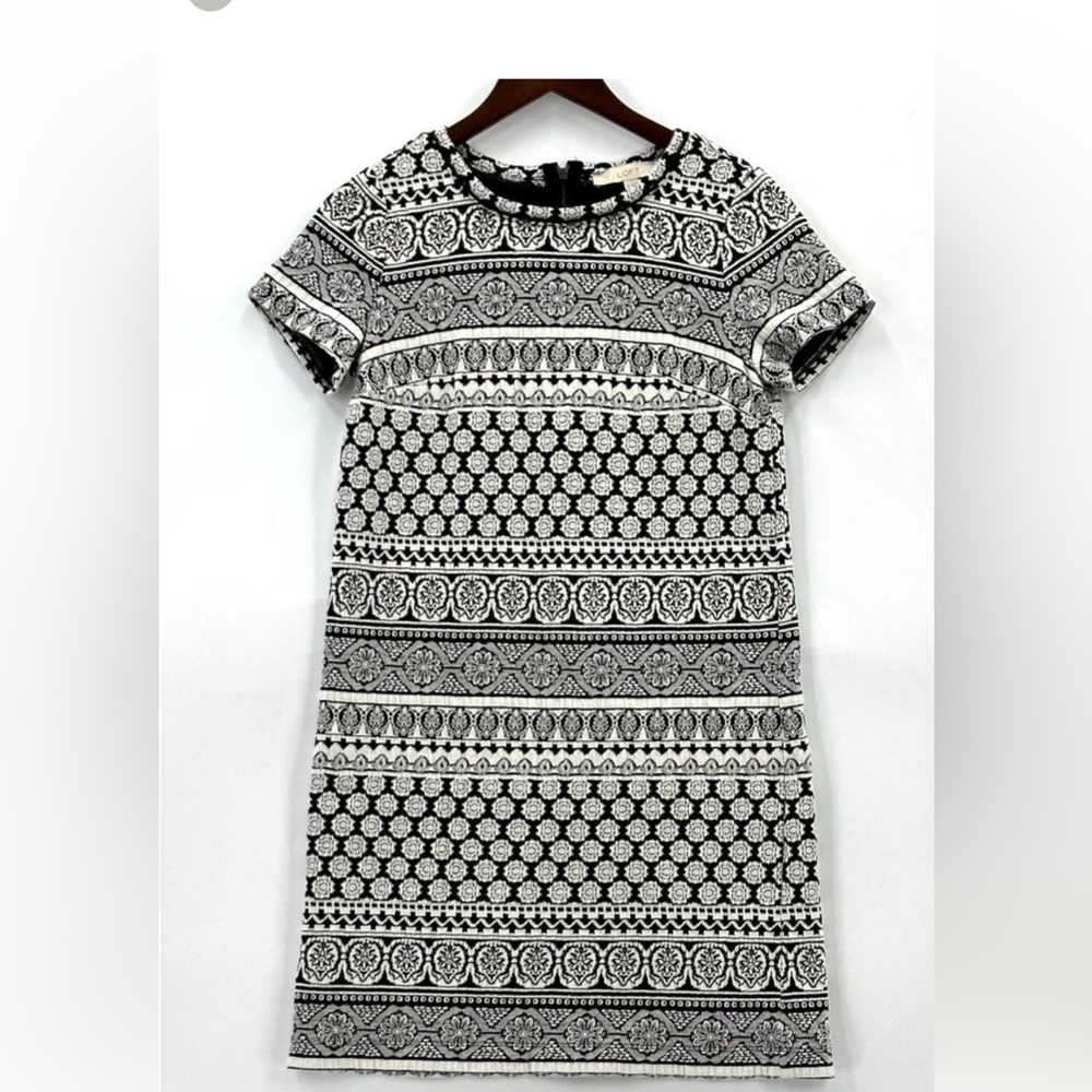 Loft Womens Dress Shift Short Sleeve Batik Round Neck Black White Size S